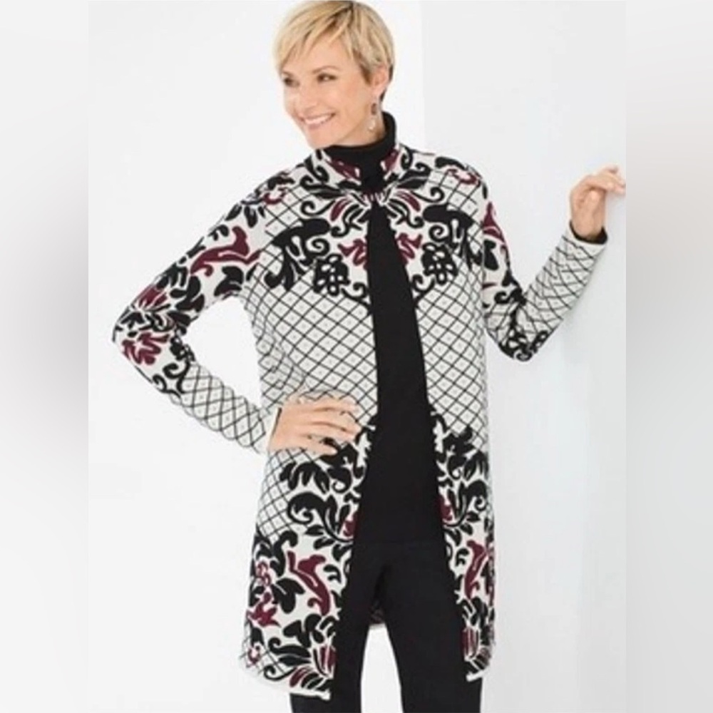 Chicos Longline Chico’s Midi Contrast Scroll Cardigan Sweater 2 Large $179 EUC